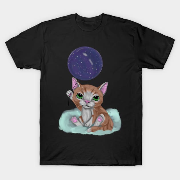 Cute kitten holding cosmos balloon T-Shirt by Antiope